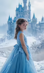 a little girl dressed as snow standing in front of a castle