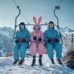 three people wearing bunny ears on skis with one holding a ski pole