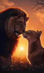 two animals standing next to each other in the sunset