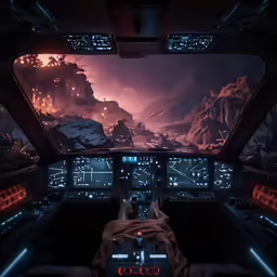 cockpit of airplane in dark environment at night with mountain
