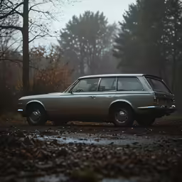 a small station wagon sits parked on the side of a road