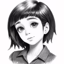 a black and white drawing of a girl with big eyes