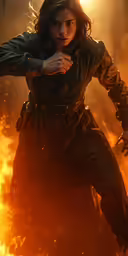 a man with a glove on is walking through flames