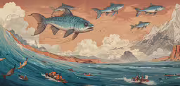 the painting depicts sharks swimming over people in kayaks and rafters,large fish flying over people in boats in the ocean