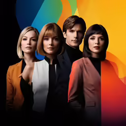 a group of people standing in front of colorful background