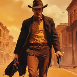 a man walking down the street with guns