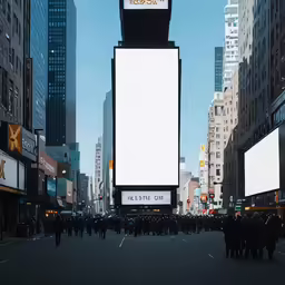 people are standing in a city square next to an illuminated sign
