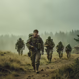 soldiers with rifles walking through the grass