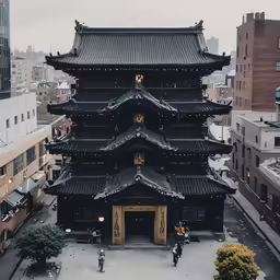the pagoda style building is located at an intersection
