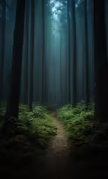 a path through the trees leading into a dark forest