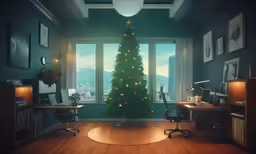 a christmas tree is lit up in a room