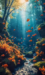 many orange fish are in the water by some trees
