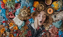 woman laying down surrounded by lots of random things