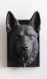 black dog with yellow eyes mounted on a wall