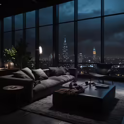 a large living room with floor to ceiling windows overlooking the city