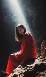 a woman in a long red dress sitting on a rock