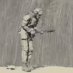 an ink - drawing of a soldier holding a gun