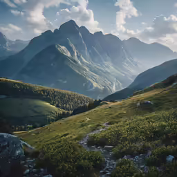 a grassy area near mountains with green grass