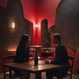 a couple talking to each other as sitting at a table