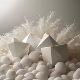 three white sculptures sitting on top of a bed of balls