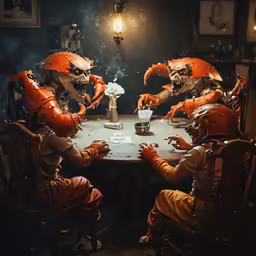 two people sitting at a table with orange paper costumes