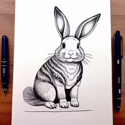 a black and white drawing of a rabbit sitting down,a drawing of a bunny is on the paper,a drawing of a rabbit sitting down on a table,a drawing of a bunny rabbit sitting on a wooden table,the rabbit is in a drawing with markers and a pen
