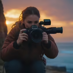 a woman sitting in front of a camera next to the ocean