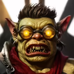 a close - up view of the face of a demonic demon with large glowing glasses
