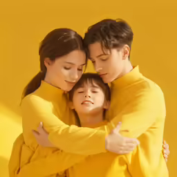 two women and a man wearing yellow are hugging and smiling