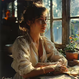 a lady is sitting in front of an open window,a woman sitting at a table looking out the window
