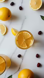 three lemons sit next to two glasses with orange juice