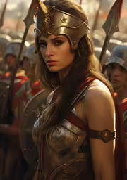 an image of a woman in warrior armor,a woman in armor with spears and shields