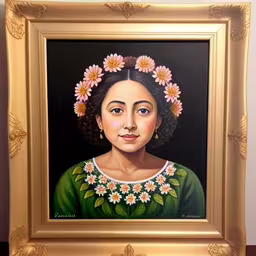 an oil painting of a young woman with flowers in her hair,this painting of fridas is an original,a portrait of an older woman with flowers in her hair,a painting of a woman with a wreath of flowers in her hair,a painting of a woman with flowers in her hair
