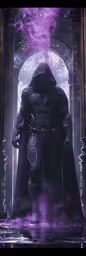 a poster with a man in a hooded suit,the character in doctor strange standing near a purple arch