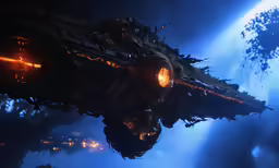 a space station on a background of an earth, and some trees