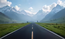 a road running through mountains with trees and grass