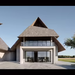 a large house with three triangular roofs and open doors