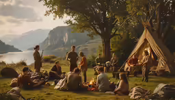 a group of people sitting in the grass next to a lake