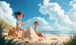 two cartoon children on the beach near the water