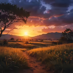 a sunset over a field with a trail going to the sky