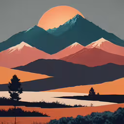 this is a painting of a sunset over a mountain,a painting of mountain scenery at sunset