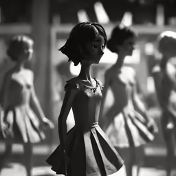 many barbie dolls are wearing dresses and one is in black and white