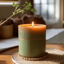 a candle with an olive green candle case next to it