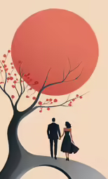 an illustration of two people standing on the road with trees