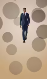 a man in a suit walking through a crowd of circles