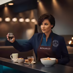 a woman holding a wine glass while sitting at a table