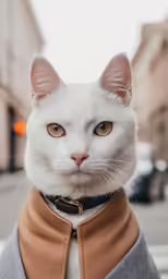 white cat with brown collar wearing jacket and white shirt