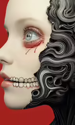 a close up of a face with red paint on it