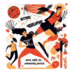 an abstract painting depicting people dancing with basketballs