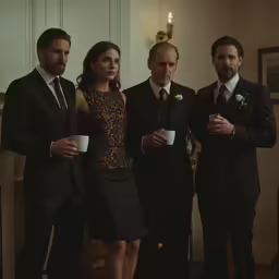 five men and one woman standing next to each other